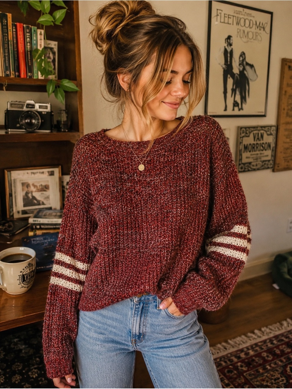 Jessica Simpson Red Marled Knit Varsity Sweater Striped Sleeve
Preppy Size M